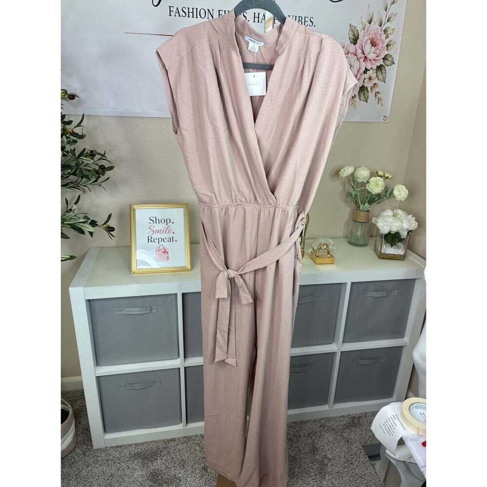 Fraiche by J Tie Belt Shirt Jumpsuit in Camel Casual Women’s Size XL New